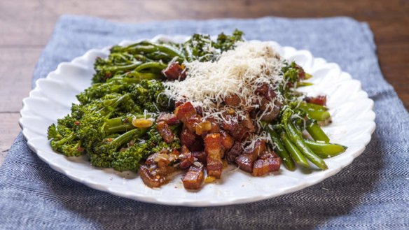 Broccolini with smoked speck, garlic and chilli.