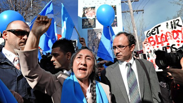 Exiled Uighur leader Rebiya Kadeer addresses a rally outside the Chinese Consulate in Toorak.