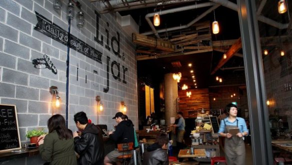 Spot the mason jar: The Lid & Jar cafe makes no secret of its industrial origins.