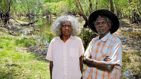 May Nango and Mark Djandjomerr at Magela Creek, downstream from the Ranger uranium mine.