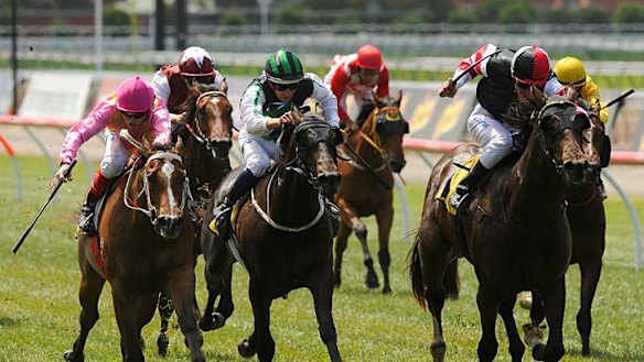 Direct Charge, ridden by Steve Arnold (right), wins the Maribyrnong Stakes from Crack A Rodie, (left) and Shamus Award (centre).