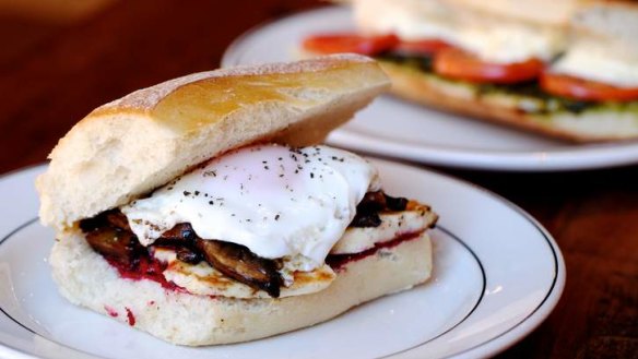 Mushroom, haloumi, egg and roast beetroot toastie.