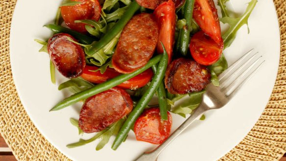 Tomato, chorizo and green bean summer salad.