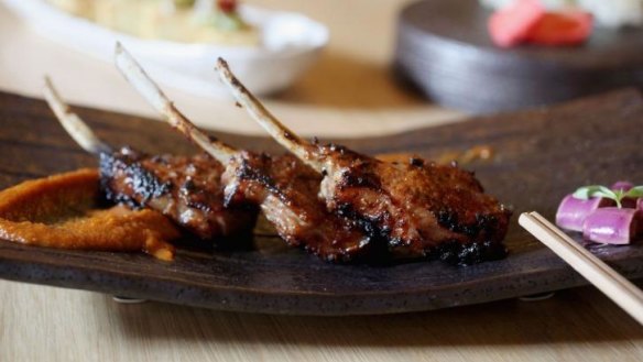 'Crusty' robata-grilled lamb cutlets with spiced miso.