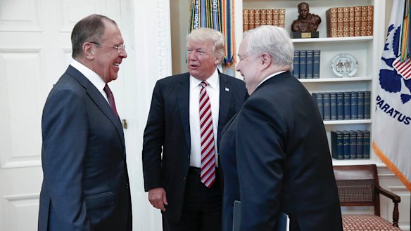 US President Donald Trump with Russian Foreign Minister Sergey Lavrov, left, and Russian ambassador to the US Sergey Kislyak in the White House in May.