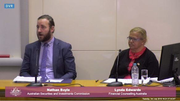 ASIC's Nathan Boyle, and Lynda Edwards, from Financial Counselling Australia, at the royal commission on Tuesday.