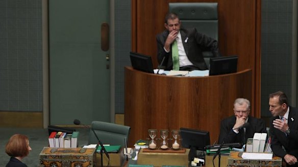 New Speaker of the House Peter Slipper presides over question time.