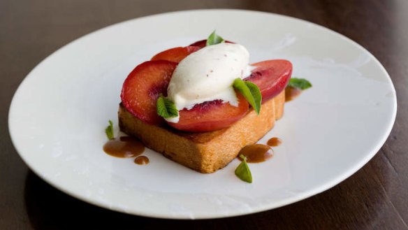 Roasted nectarine on brioche with bacon ice-cream.