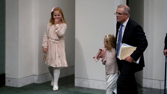 Treasurer Scott Morrison with his family after he delivered the budget speech on Tuesday.
