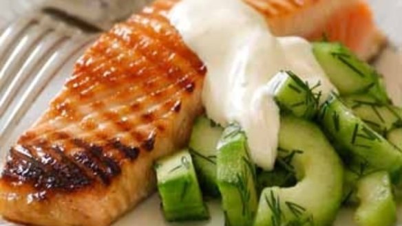 Grilled salmon with pickled cucumber and horseradish cream