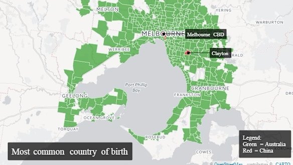 Australia is the most common country of birth for all but two Melbourne suburbs.