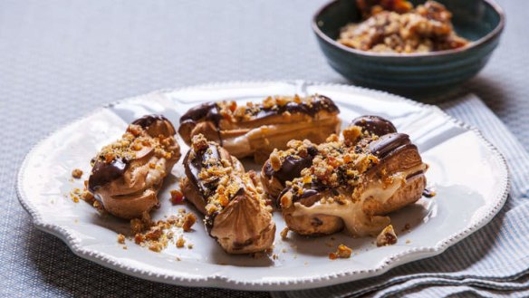 A simple choux pastry has been shaped into eclairs and dressed up with espresso cream and praline.