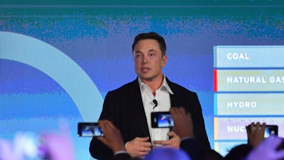 CEO of Tesla, Elon Musk is seen delivering speech at the wind and solar battery plant outside of Jamestown, South Australia, on Friday.
