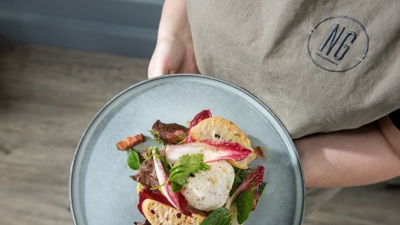 Grilled ox heart Lyonnaise salad at Northern Ground, Bairnsdale.