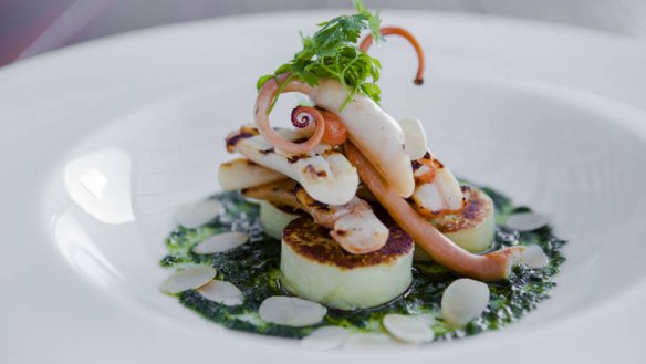 Char-grilled octopus, salsa verde, braised leek, potato fondant and toasted almonds.