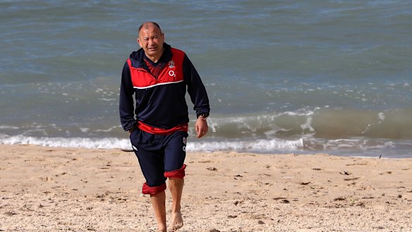 Coogee comeback: Eddie Jones at England's beach recovery session on Monday.