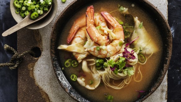 Neil Perry's sour and spicy prawn soup with noodles 