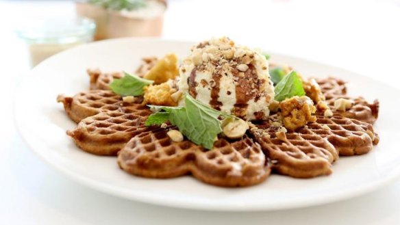 Gingerbread waffles with chocolate, whipped ricotta and honeycomb.