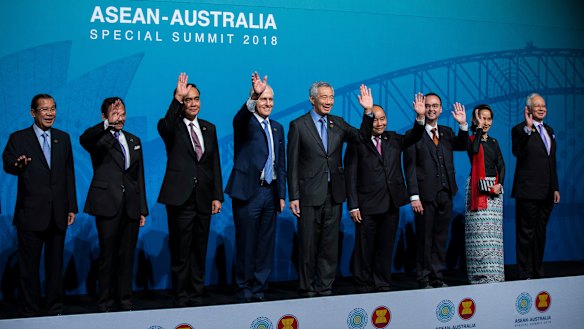 Prime Minister Malcolm Turnbull with other regional leaders at the ASEAN summit in Sydney on Saturday.