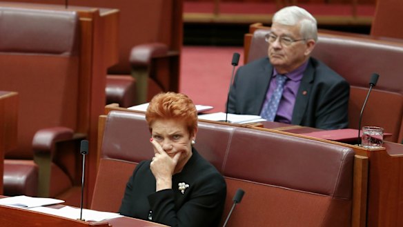 One Nation Senator Pauline Hanson listens as One Nation Senator Rod Culleton speaks in the Senate earlier on Thursday.