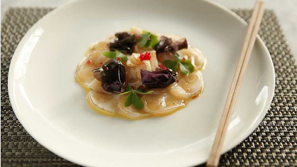 Ume's go-to dish ... seared scallop carpaccio, soy brown butter, fingerlime, wood sorrel, organic nori.