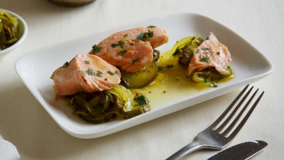 Zesty fish: Poached ocean trout with pickled cucumbers.