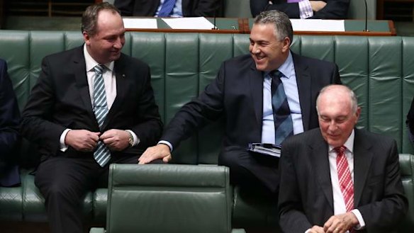 Agriculture Minister Barnaby Joyce, Treasurer Joe Hockey and Acting Prime Minister Warren Truss. Photo: Alex Ellinghausen