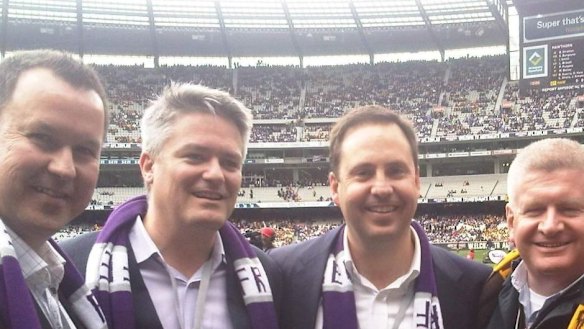 David Bushby, Mathias Cormann, Steve Ciobo and Mitch Fifield at the 2013 grand final.