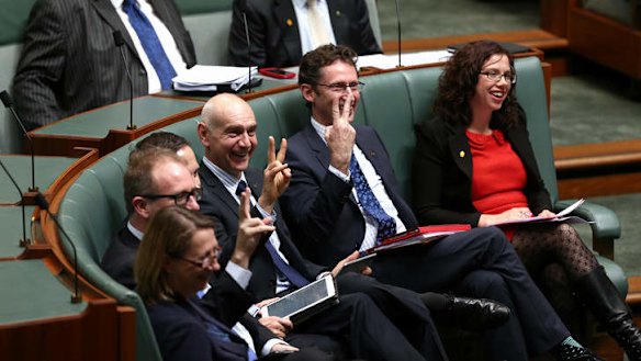 Labor MPs Bernie Ripoll and Stephen Jones during question time. Photo: Alex Ellinghausen