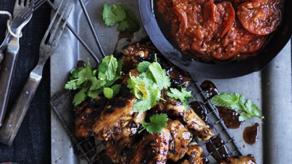 Neil Perry's barbecue chicken wings with spicy tomato sauce.