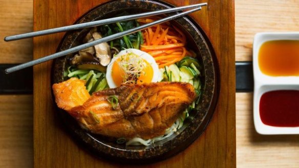 Classic Korean: Roll up to Smith Street for salmon bibimbap in a stone dolsot (hot stone bowl) at White Kimchi.