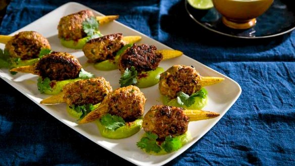 Chicken kofta on baby corn with whipped avocado