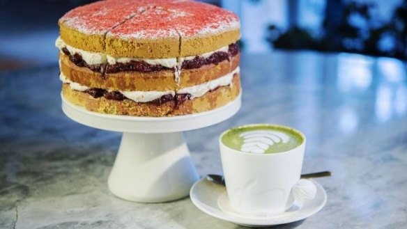 The cafe's chamomile sponge cake with matcha latte.