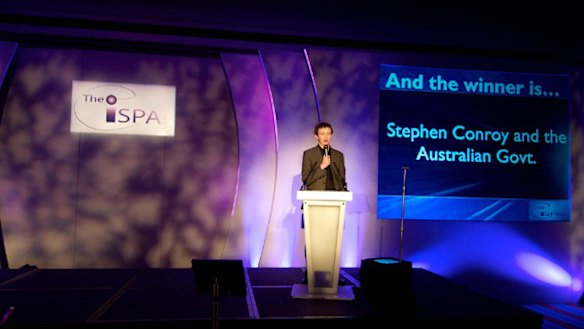 Communications Minister Stephen Conroy's censorship policy won him the Internet Villain of the Year trophy, awarded by the British internet industry.