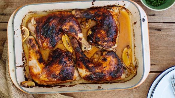 Adam Liaw's roasted chicken Marylands with chilli and honey.