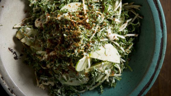 Great with pork: Celeriac, apple and kale slaw with sour cream, dehydrated anchovy and roast garlic dressing.