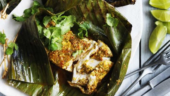 Lime and chilli fish baked in banana leaves