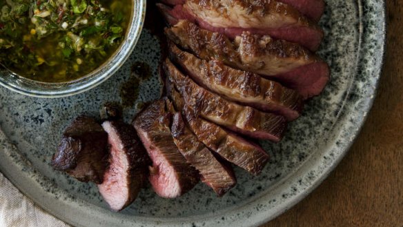 Beef on a budget: Barbecued tri-tip with coriander chimichurri.