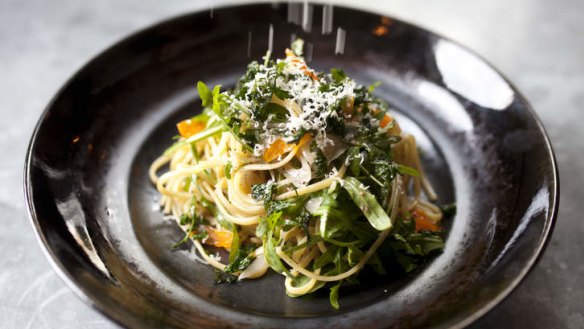 The all-day brekkie menu ranges into lunch, including this super-rich goat butter linguine with cured egg yolk, chilli pecorino, roquette and fried parsley.