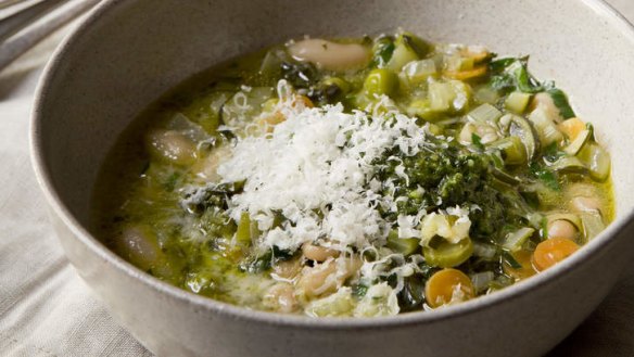 Spring minestrone with rocket and basil pesto.