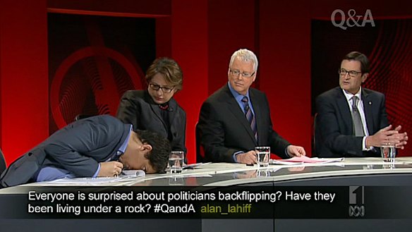 There he goes ... Simon Sheikh collapses on to the Q&A desk.