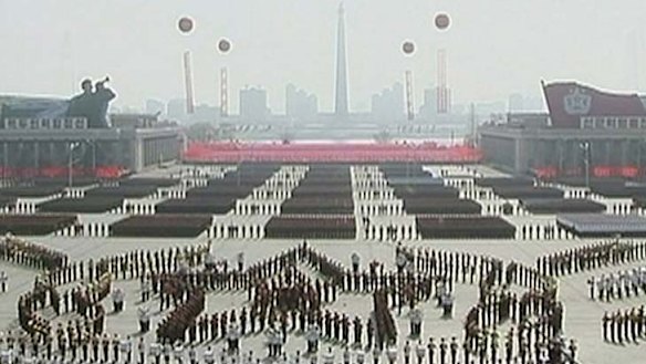 North Korean soldiers take part in a mass parade to celebrate founder Kim Il-sung's 100th birthday.