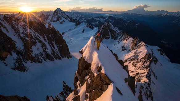 <i>Mountain</I> captures the sheer rock faces and icy, inaccessible heights that reduce the individuals approaching them to tiny figures.