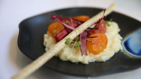 Vanilla rice pudding with stewed rhubarb, sesame nougatine and poached apricot.