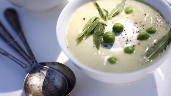Chilled pea soup with mint gelato.