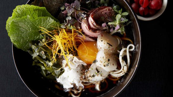 Bar H's ramen with scallop, duck and purslane.