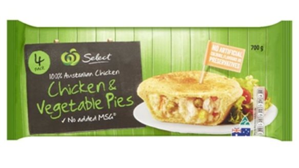 Recall: Woolworths Select Chicken & Vegetable Pie four packs.
