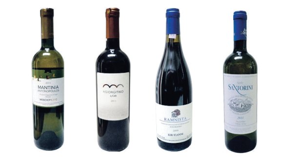 From left: Antonopoulos Mantinia Moschofilero, 2011; Gaia Agiorgitiko, 2011; Kir-Yianni Ramnista Xinomavro, 2009 and Sigalas Santorini Assyrtiko, 2011.