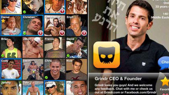 The Grindr app, left, and founder Joel Simkhai's profile.