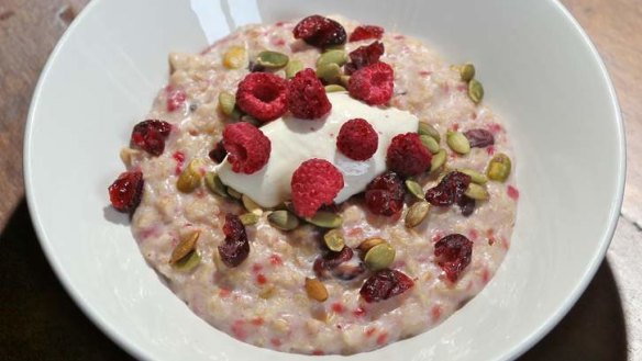 Classy: Activated nut porridge with raspberries and organic yoghurt.